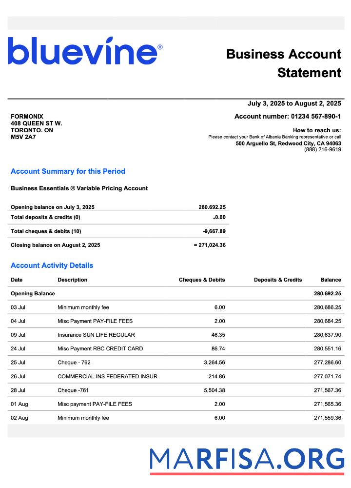 Printable USA California BlueVine business checking account statement Word and PDF template